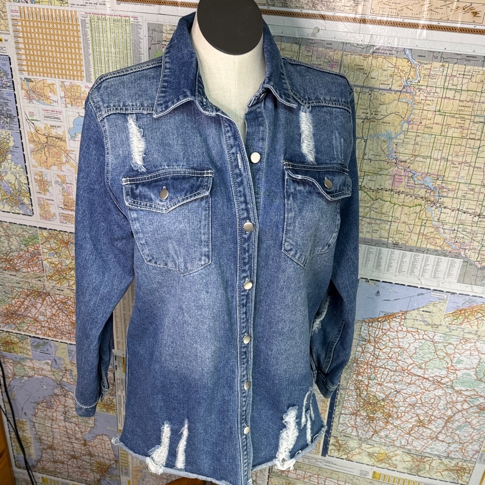 Distressed Ladies Western Style Blue Denim Jeans Jacket